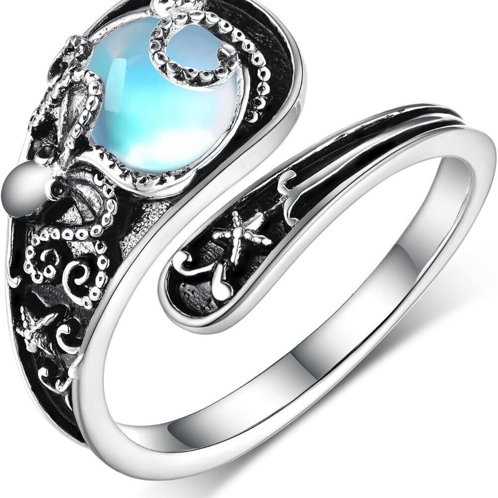 Sterling Silver Octopus Ring Moonstone Blue Opal Turquoise Adjustable Gift